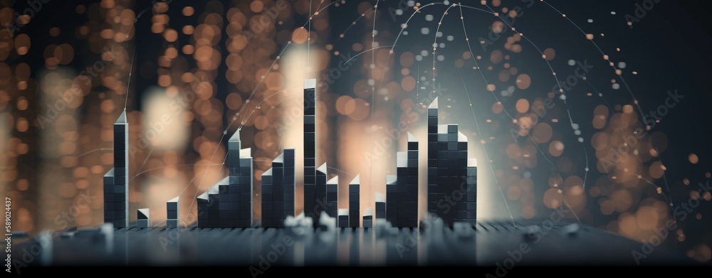 Aufkleber data analytics 3d up down bars with oragne background, data bar, data shows buildings. generative ai