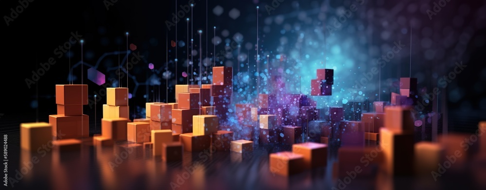 Poster orange shaded cubes with blue glowing particles uprising with data technology working through partic
