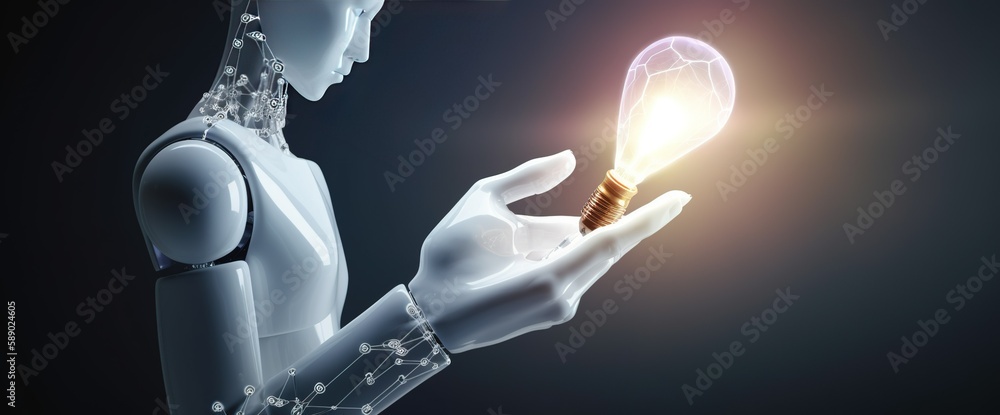 Poster white robot holding a glowing bulb robotic science technology. generative ai