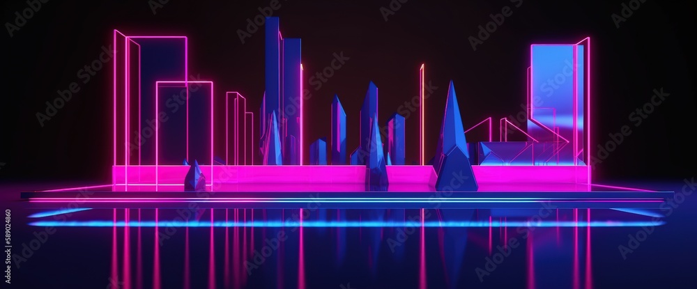 Poster background with equalizer 3d sound track wave with neon light, neon background. generative ai