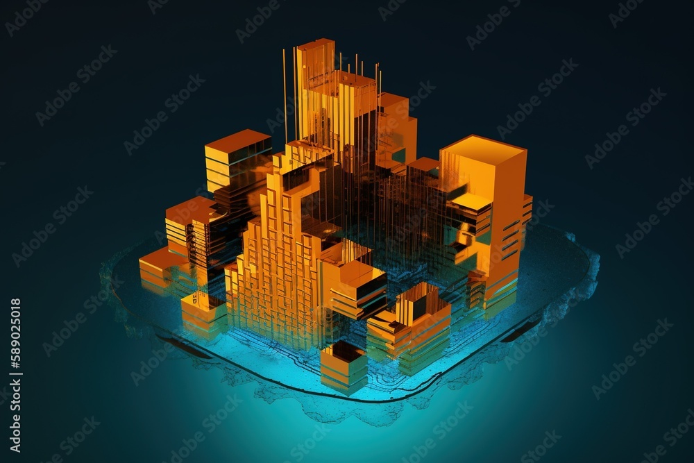 Aufkleber yellow building wireframe digital structure. generative ai