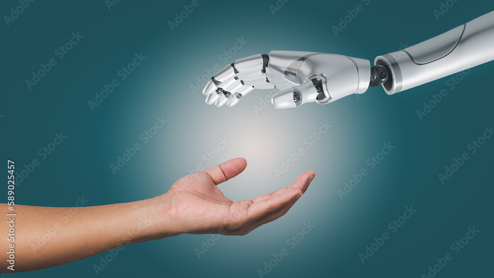 Aufkleber artificial intelligence ai hand robot white 3d rendering and hand people on background.