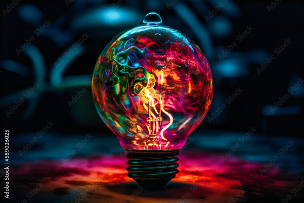 Poster experience the merging of art and ideas through a glowing lightbulb composed of a fluid blend of viv