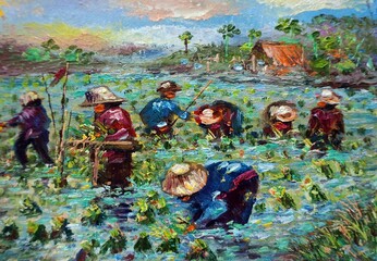Art painting oil color Thailand Grow rice , Transplant rice seedlings , rural life , rural thailand