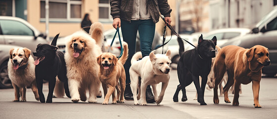 Dog walker with group of dogs enjoying in walk in the city. - obrazy, fototapety, plakaty