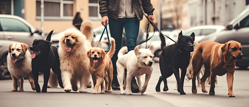 Girl And Man Dog Walker With Group Of Dogs Enjoying In Walk In The City , Digital Ai Art