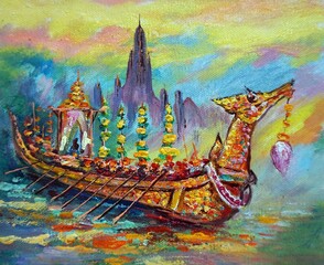 Fototapeta na wymiar Art painting Oil color royal barge Thailand , Suphannahong Boat