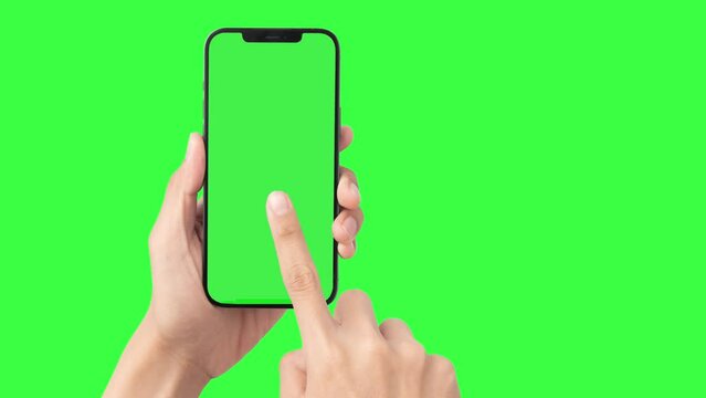 Hand Holding Phone with Green Screen. The Man Hand Pointer Tap in touch screen button. Smartphone Mockup. Mobile Phone Chroma Key Template Ready for your project. 