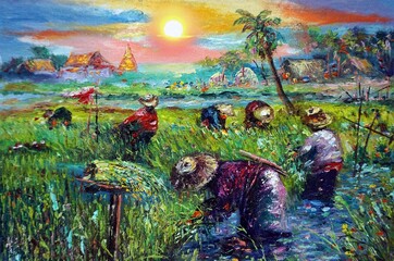 Art painting oil color farmer Thailand Grow rice , Transplant rice seedlings
