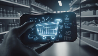 Businessman using smart phone with shopping cart icon, Online shopping and e-commerce concept