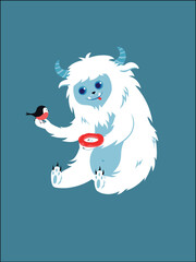 Concept Cute Yeti with a bird. This illustration showcases a charming flat scene featuring a friendly Yeti and a colorful bird. Vector illustration.