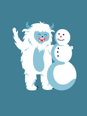 Concept Cute Yeti with a snowman This vector illustration features a delightful flat scene with a cartoon Yeti and a snowman enjoying the winter snow. Vector illustration.