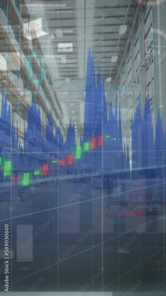 Poster animation of statistics processing over warehouse in background