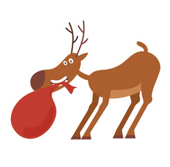 Concept Christmas deer with a bag in teeth. This vector illustration depicts a cartoon Christmas deer carrying a bag of presents in its teeth. Vector illustration.