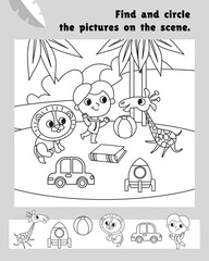 Fototapeta premium Find and circle objects. Educational puzzle game for children. Cute animals and boy in Africa in cartoon style. Black and white vector illustration.