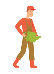 Concept Gardener with watering can. This is a flat vector illustration of a man holding a watering can in a garden scene. Vector illustration.