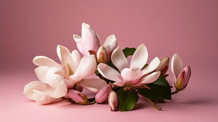 Fototapeta na wymiar magnolia bouquet on a pink plain background, generative AI tools 