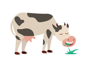 Concept Cartoon cow eating grass This vector cartoon illustration depicts a scene of a cow happily grazing on a farm, surrounded by lush green grass. Vector illustration.