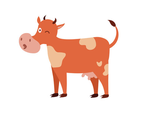 Concept Cartoon cow moo. This vector illustration depicts a brown cow on a farm. The flat and cartoon style emphasizes the simplicity of the scene. Vector illustration.