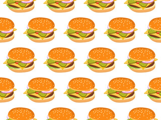 Seamless Burger pattern. Cartoon hamburger repeated pattern. Fast food print. Flat design for menu cafe, restaurant. For textile, wrapping paper, wallpaper, cover design, scrapbooking. Unhealthy diet.