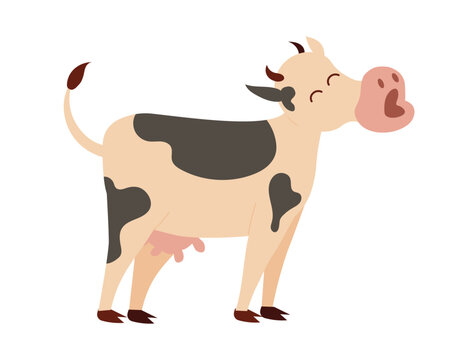 Concept Cartoon cow moo. This vector illustration depicts a black and white cow on a farm. The flat and cartoon style emphasizes the simplicity of the scene. Vector illustration.