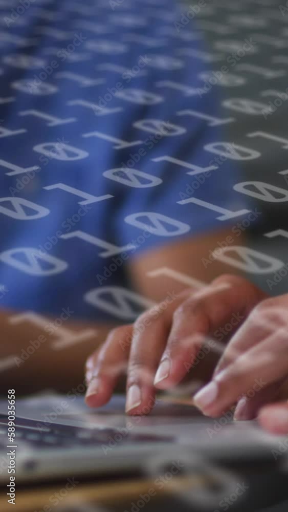Poster animation of binary coding over diverse business people using laptop
