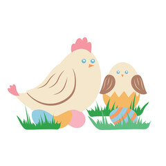 Concept Spring Easter birds sitting with eggs. This illustration depicts a beautiful spring scene with a colorful bird perched on a branch surrounded by decorated Easter eggs. Vector illustration.