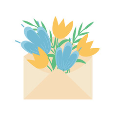 Concept Spring Easter envelop full of flowers. This vector illustration depicts scene with an Easter concept. The illustration features an envelope filled with spring flowers. Vector illustration.