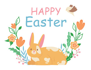Concept Spring Easter rabbit bunny flowers bird happy easter title. This vector illustration features a cute and colorful Easter scene with a bunny surrounded by flowers. Vector illustration.