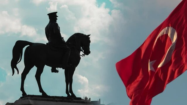 19 mayis or 30 agustos zafer bayrami concept 4K video. Ataturk and waving Turkish Flag. Victory day of Turkiye or Commemoration of Ataturk, Youth and Sports Day.