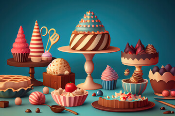 Table with cake, pie, cupcakes, tarts and cakepops. Generative Ai