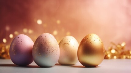 Golden Easter eggs on pastel background