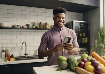 Fototapeta premium Portrait of young black man using a mobile phone in the kitchen. Generative AI.