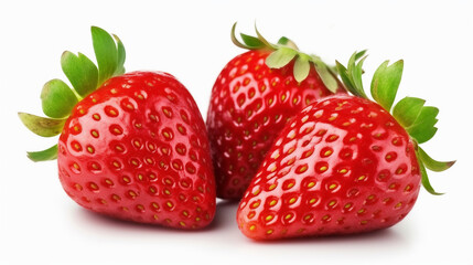 three whole strawberries isolated on white background with clipping path