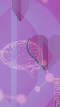 Animation of heart icons, human brain and data over dna strand on pink background