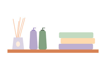 Concept Spa salon shelf with towels and cosmetics. A flat cartoon illustration depicts a scene of a spa salon with a shelf filled with towels and cosmetics. Vector illustration.