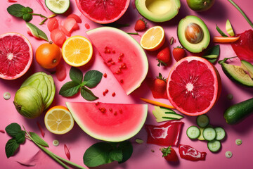 Naklejka premium top view of bright fruits and vegetables