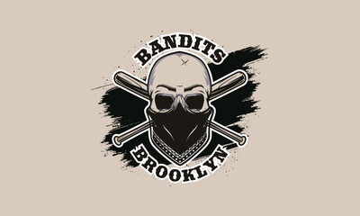 Gangster emblem, label, print, badge with skull in bandana and crossed baseball bats