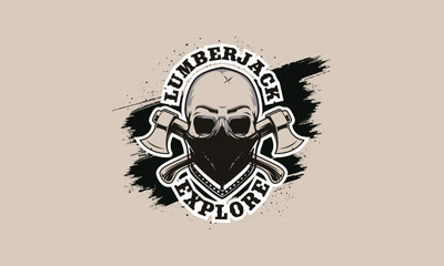 Vintage hipster lumberjack emblem with crossed axes behind the skull in beanie, with beard and mustache. Sunburst on background. Monochrome, isolated on background.