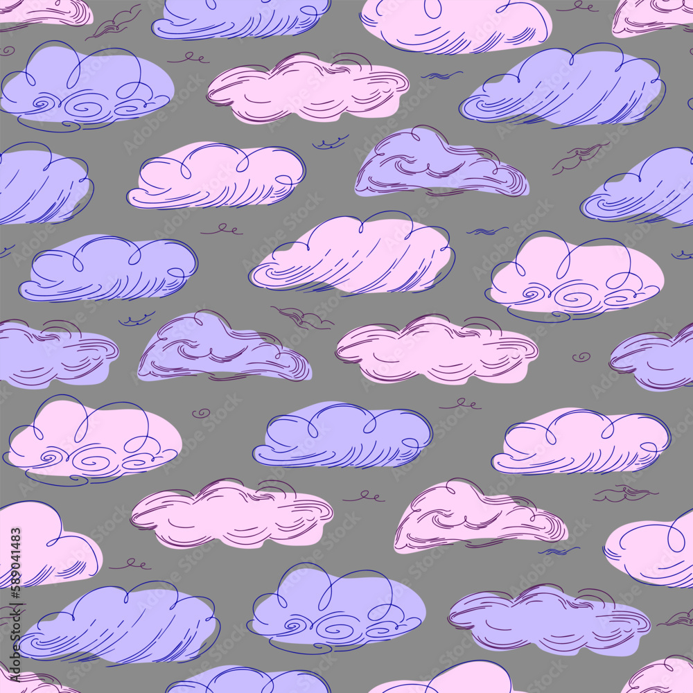 Poster seamless cloud pattern graphics in trendy style on white background.