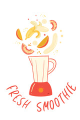 Food mixer, blender with fruits. healthy eating. Fitness and body care concept. Smoothie preparation. Shaking, detox mixing healthy fruit juice smoothies. Green veg nutrition. Vector illustration