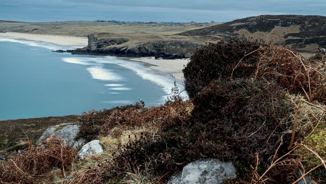 Panning time lapse of the tide rising. Traigh Mhor beach and Garry beach are visible. Filmed in Tolsta, part of the Isle of Lewis on the Outer Hebrides of Scotland.