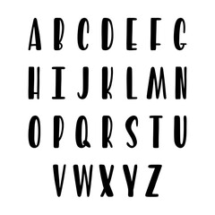 Trendy calligraphy, abc, alphabet, written with a brush by black ink. Vector lettering illustration for graphic tee shirt. Print to party, sticker, banner, badge, design, flyer, web, advertising.