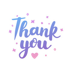 Thank you poster. Trendy calligraphy, text, stars, heart. Vector lettering illustration for typography. Print to party, sticker, banner, badge, design, flyer, web, advertising. 