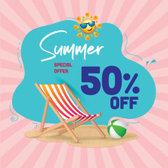 Summer Sale offer unit template with summer elements beach ball wooden deck chair on sand with sun