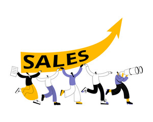 Fototapeta na wymiar The characters cheerfully carry a growing sales arrow. Vector illustration on the topic of teamwork in the sales department.