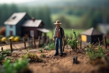 Miniature Farmer working in field. Village diorama. Toy farm in summer and old man. Concept of harvesting created with Generative AI Technology