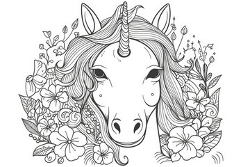 Coloring book with unicorn. Black and white magic horse with horn created with Generative AI Technology