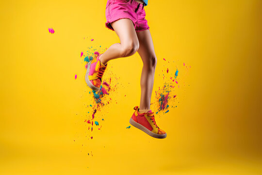 Legs of a woman jumping in colorfull clothes on bright colorful background, generative ai with copy space