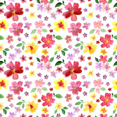 Seamless pattern of watercolor pink and yellow flowers and green leaves. Hand drawn illustration. Botanical hand painted floral elements on white background.